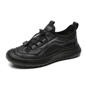 Breathable black mesh outdoor casual shoes for men featuring elastic lace design
