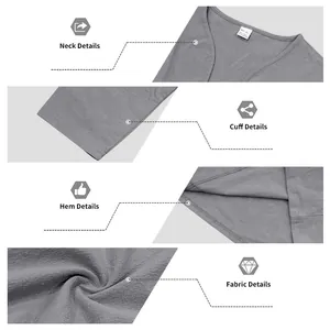 Detail views of neck, cuffs, hem, and linen fabric of this casual men's V-neck shirt.