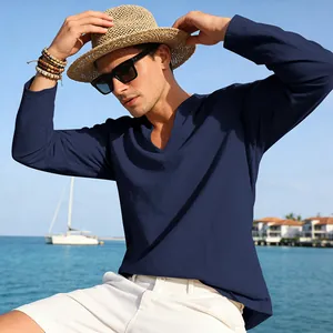 Casual navy blue linen V-neck long sleeve shirt for men in outdoor vacation setting
