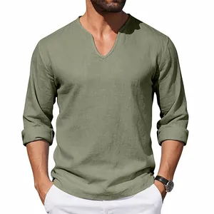 Premium men's casual sage green linen V-neck long sleeve T-shirt with a loose fit design