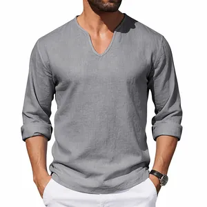 Casual men's grey linen long-sleeved T-shirt featuring a relaxed V-neck design for spring