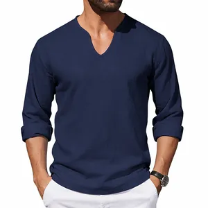 Men's navy blue linen casual shirt with V-neck design and long sleeves in loose fit