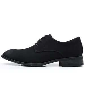 Professional side profile view of black suede men's business casual lace-up shoes