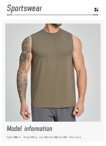 Detail view of men's seamless sport tank top with model measurements reference