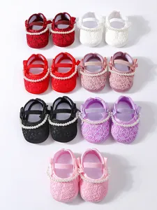Detailed collection of baby girl princess shoes featuring lace pearls and bows in multiple colors