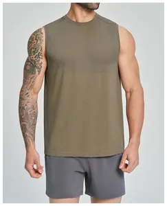 Detailed view of men's olive green seamless fitness tank top with breathable texture