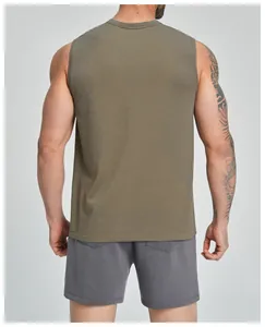 Detailed back view of a men's olive green seamless athletic tank top for fitness and training