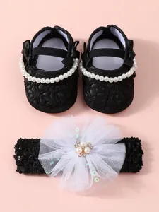 Black baby princess shoes with pearl bows and matching lace flower headband set