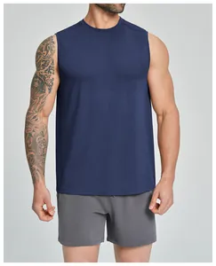 Men's breathable quick-dry seamless sports tank top for gym and running in dark blue color
