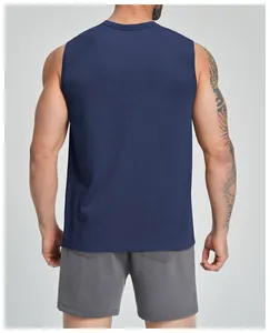 Rear view of navy blue quick-dry seamless sports tank top for men in studio setting