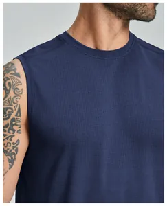 Close-up detail of navy blue seamless sports vest showing breathable mesh fabric.