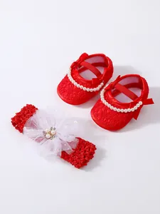 Red baby girl princess shoes and lace headband set featuring elegant pearls and bows