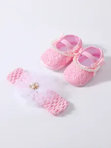 Pink lace baby princess shoes and matching headband set with elegant pearls and bows