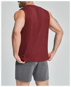 Back view of burgundy men's seamless fitness tank top with breathable mesh texture