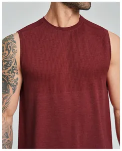 Close-up detail of a dark red seamless sports tank top showing breathable mesh texture