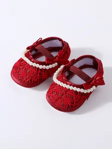 Rote Baby Mädchen Prinzessin Lauflernschuhe mit Perlen und Schleifen Verzierung