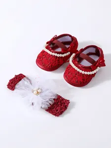 Red baby girl princess shoes and matching lace floral headband set with pearl bows