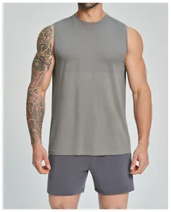 Front view of a gray seamless athletic tank top for men's fitness training