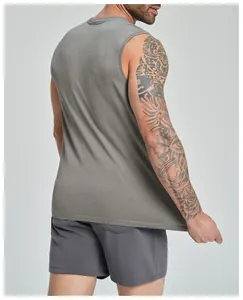 Back view of a gray seamless men's fitness tank top with breathable mesh texture