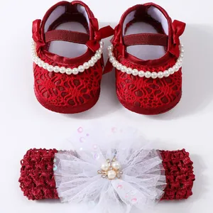 Baby Girl Princess Shoes Mesh Fabric Lace Artificial Pearl Bowknot Soft Sole Prewalker Shoes With Matching Headband