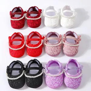 Adorable lace baby princess shoes with pearls and bows, available in multiple soft colors