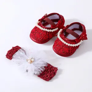 Elegant red lace baby girl princess shoes and matching pearl flower headband set