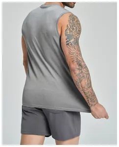 Back view of a grey seamless fitness tank top showing breathable mesh fabric texture