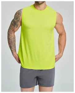 Close-up of men's quick-dry breathable neon green sleeveless gym fitness tank top