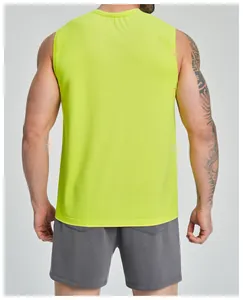Rear view of men's breathable quick-dry neon yellow athletic tank top and grey shorts