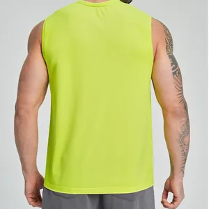 Back view of neon green men's seamless athletic tank top for gym running and fitness
