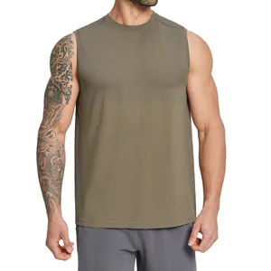 Men's olive green seamless quick-dry sleeveless athletic tank top for gym workout
