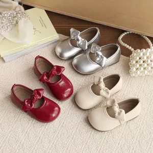 Girls French Style Bowknot Princess Shoes Soft Sole Korean Fashion Mary Jane Flat Shoes For Kids Spring Autumn Silver