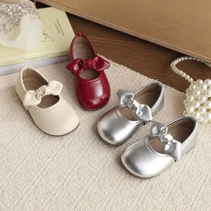 Elegant girls' bow princess shoes with soft soles available in red, beige, and silver colors