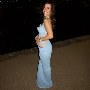Elegantes hellblaues Maxikleid mit 3D-Blumenapplikation und transparentem Netzeinsatz
