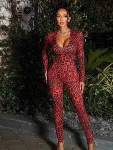 Combinaison sexy à imprimé léopard rouge avec manches longues et décolleté en U