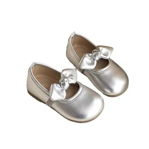 Elegant French style silver girl princess shoes with decorative bow and comfortable soft sole