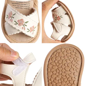 Detailed view of baby girl sandals featuring flower embroidery, flexible sole, and velcro strap.