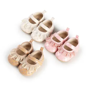 Lace ruffled baby princess walking shoes in pink, beige, and cream colors