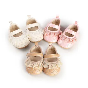 Macro view of baby princess toddler shoes with delicate lace ruffles and quilted pattern