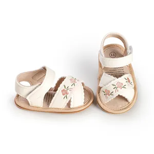Detailed view of white baby walking sandals with delicate floral embroidery on crossover straps.