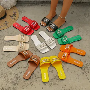 Women's Fashion Metal Chain Slides PU Leather Square Toe Flat Slippers Summer Beach Casual Outdoor Sandals Plus Size