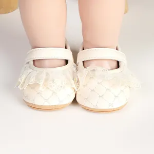 Macro detail view of cream baby princess shoes with delicate lace trim and quilted texture