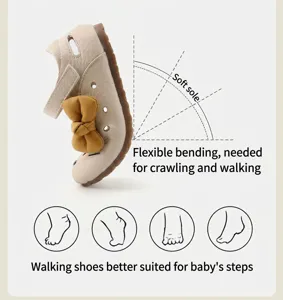 Close-up of flexible soft sole baby walking shoes with a cute yellow bow for toddlers
