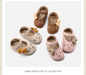 Soft sole toddler girl princess shoes with cute kitten and bow design in multiple colors.