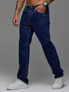 Detailed shot showing the fit and texture of men's summer thin straight-leg denim jeans