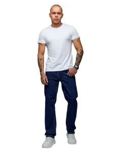Full-body view of men's dark blue straight-leg jeans paired with a basic white t-shirt.