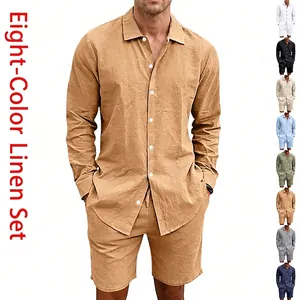 Ανδρικό Καλοκαιρινό American Casual Λινό Μακρυμάνικο Πουκάμισο Και Χαλαρό Σορτς Top And Bottom Ρούχα Παραλίας Διακοπές