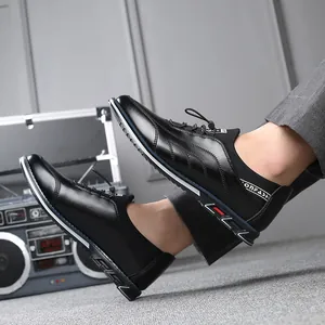 Detailed side view of black men's casual leather shoes featuring stylish elastic laces
