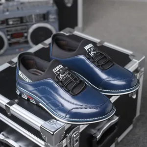 Stylish blue men's casual leather slip-on shoes with sport design and embroidery