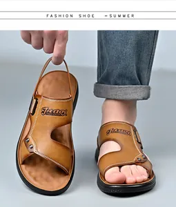 Close-up of men's brown leather dual-purpose sandals with adjustable heel strap